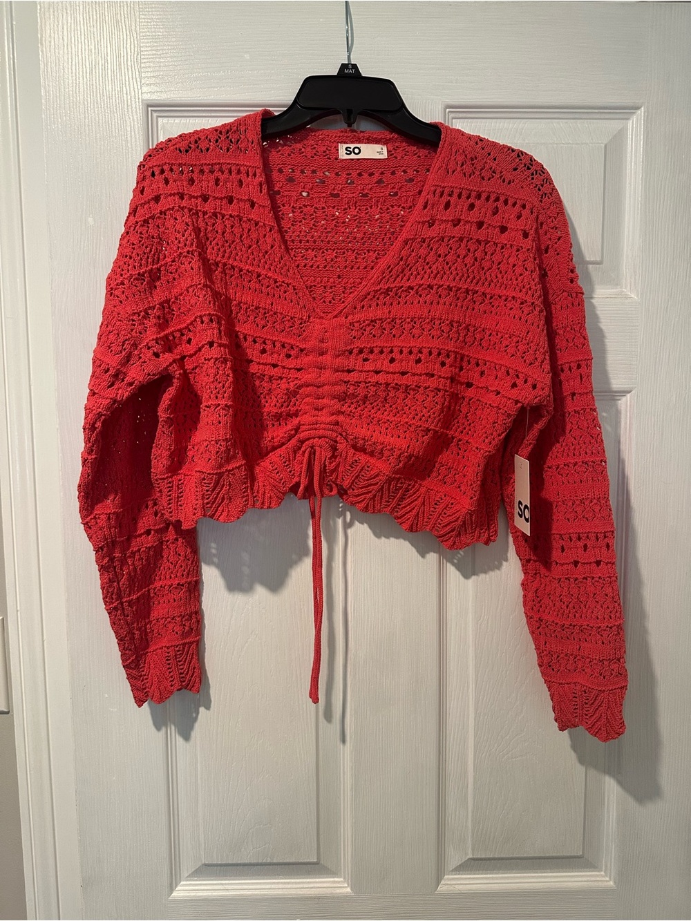 SO Women's Coral Red Cropped V-Neck Crochet Sweater